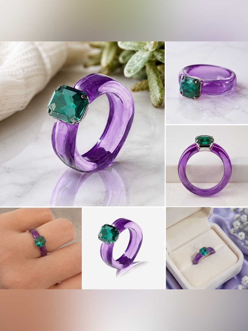 Astrid Purple Acrylic Resin Ring Emerald Green Stone Statement Jewelry 7 NWT - Picture 6 of 6
